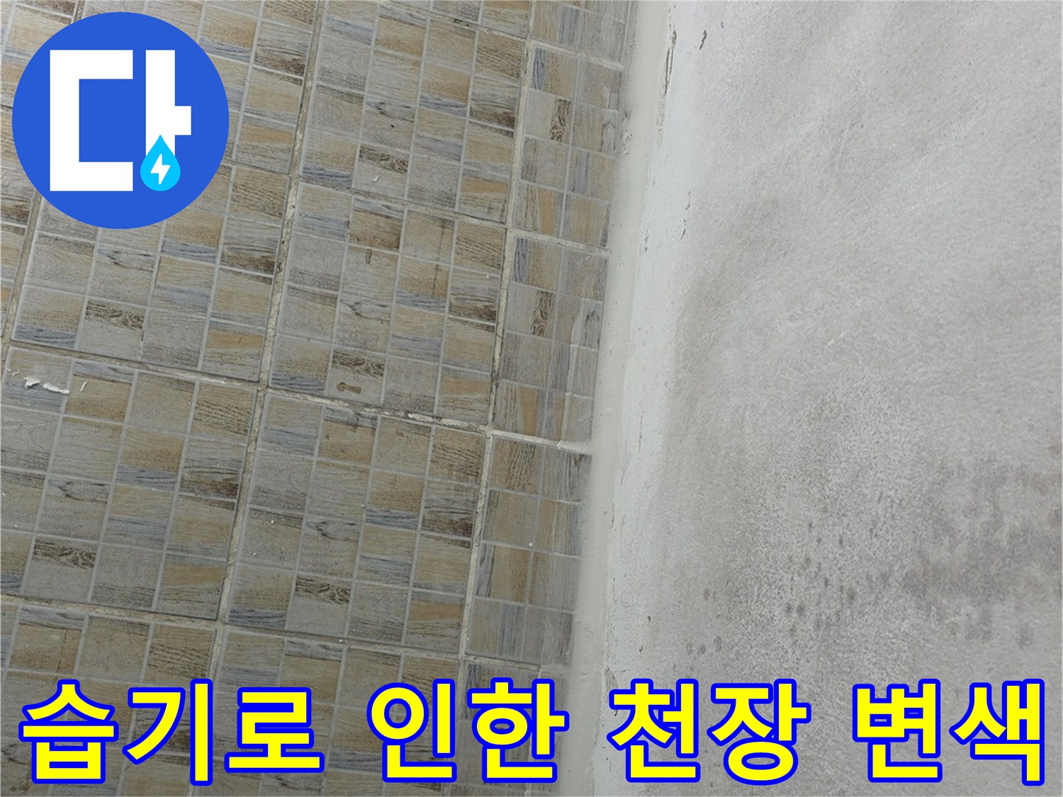 천장과 타일 벽면 경계 부위의 습기 침투 및 얼룩 현상