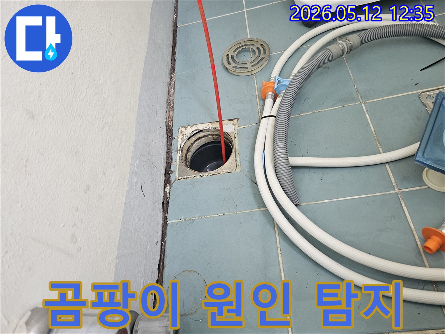 세탁실 배수구 주변-곰팡이 발생의-원인을-배수관 누수와-연관하여-탐지하는-모습입니다