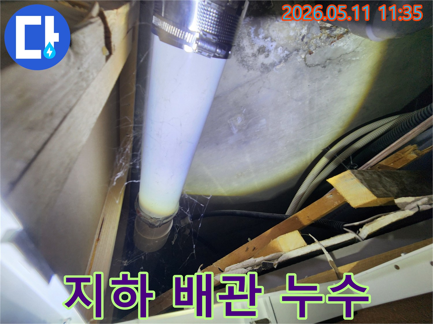 지하 공간의 배관에서-발견된 물기 흔적과-거미줄을-자세히 보여주는 이미지입니다.
