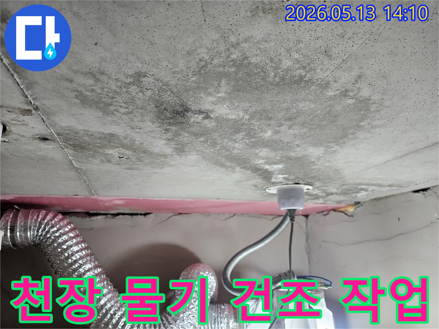 누수로 인해 천장 콘크리트에-발생한 곰팡이와 물얼룩을-보여주는 현장 사진이며-물기 제거 및 건조가 필요합니다