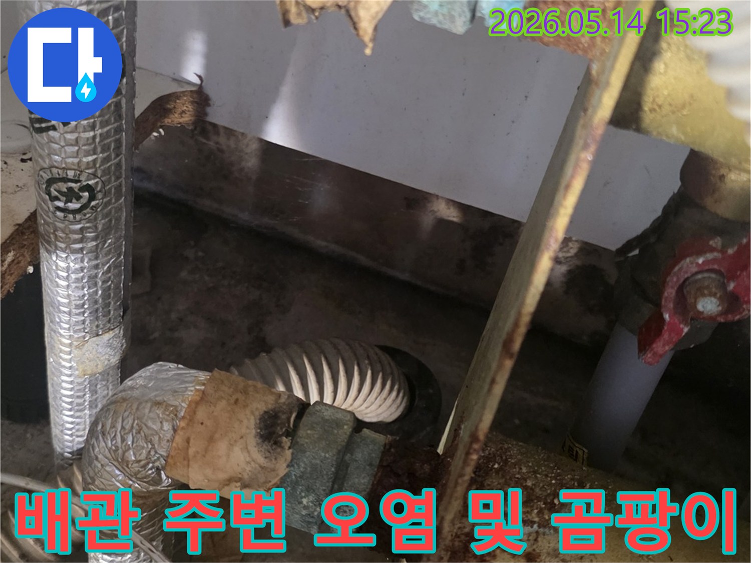 이-사진은-오래된-배관 주변에-쌓인-먼지와-오염물-그리고-습기로-인한-곰팡이-흔적을-보여주며-장기간-누수-환경을-시사합니다