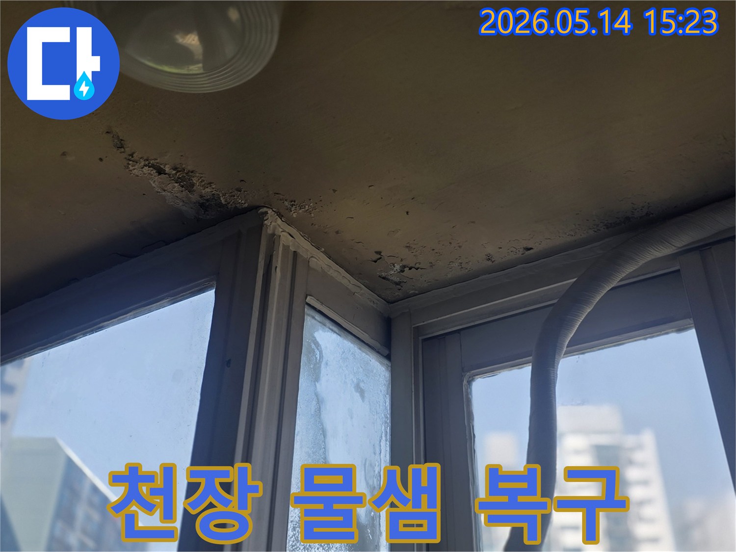 천장에 선명하게 남은 물자국과- 그 주변에 번식한 곰팡이를 제거하고- 복구하는 과정을 보여주는 사진입니다