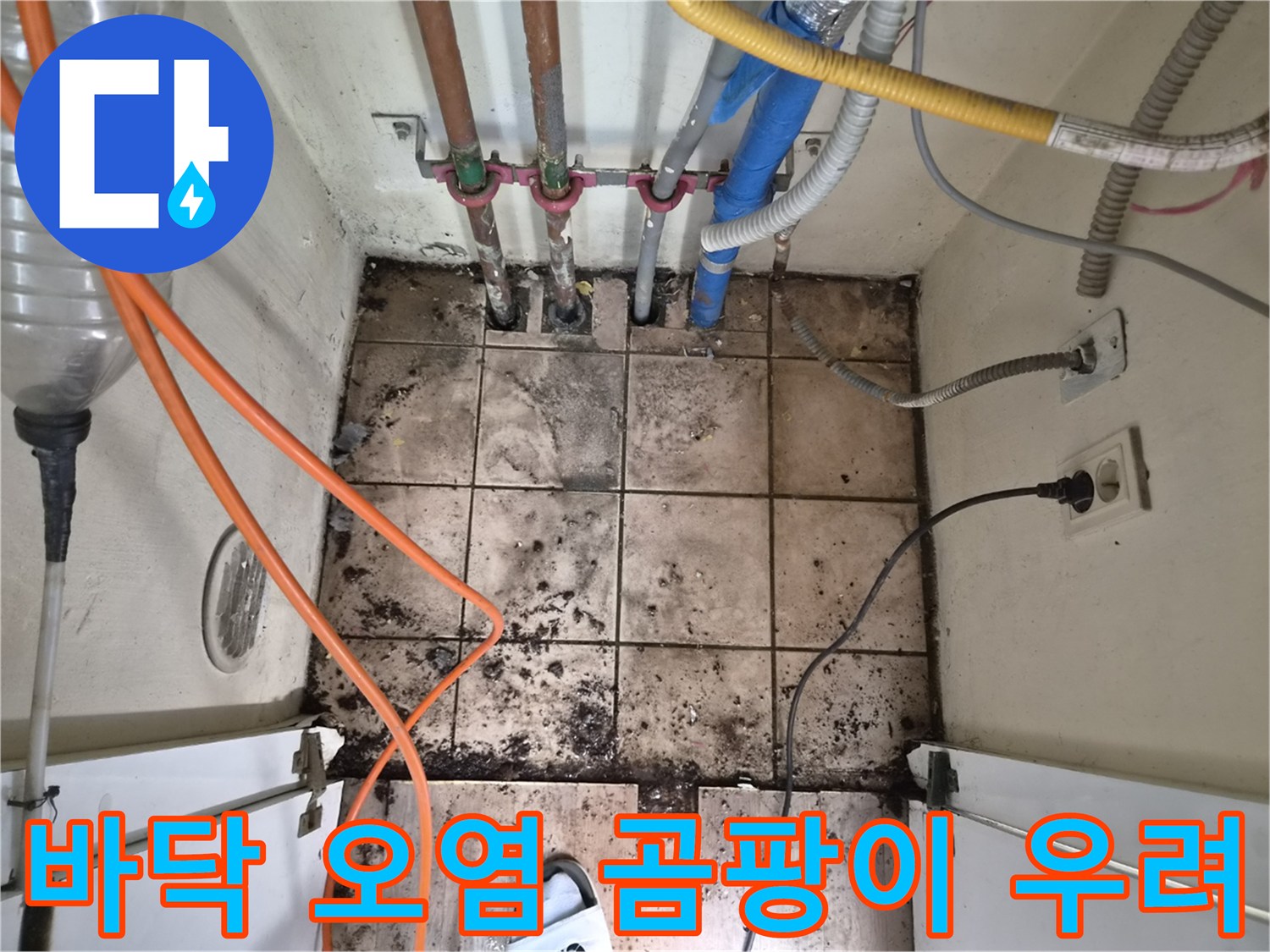 누수로 인해 심하게 오염된 바닥과-곰팡이가 우려되는-하남 아파트 누수 현장