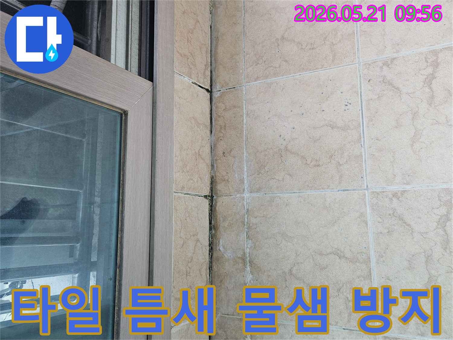 베란다-창문-아래-타일-틈새에-발생한-물샘을-방지하기-위한-공사가-필요함을-보여주는-사진