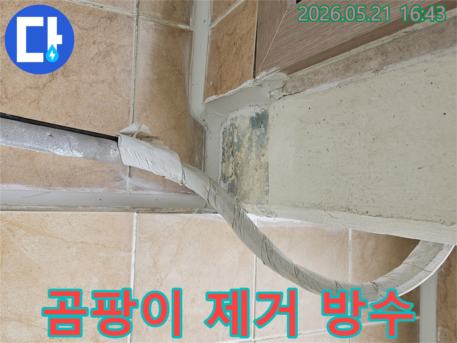 이 이미지는-포천 신북면 아파트의-벽면 하단에-위치한-단열 처리된-배관 주변의-습기와-녹색 곰팡이-흔적을-보여주며-곰팡이 제거-후-방수 처리-필요성을-시사합니다
