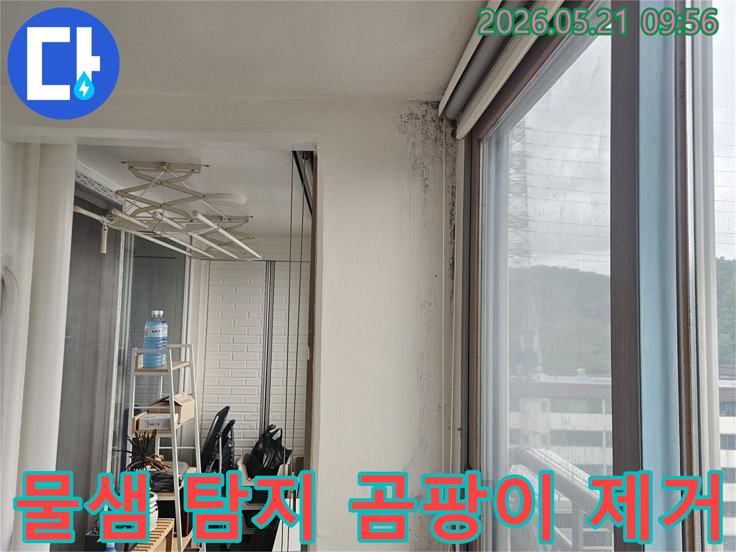 창문 모서리 벽면에 물-샘으로 인한 검은 곰팡이와 습기 흔적이 뚜렷하게 보이는 이미지로-물샘 탐지 및 곰팡이 제거가 시급합니다.