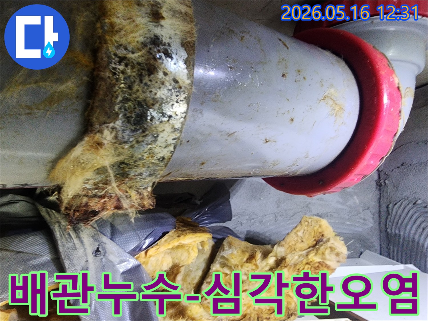 배관 연결부위에서 시작된 누수로-단열재가 훼손되고-곰팡이가 번식한 모습입니다