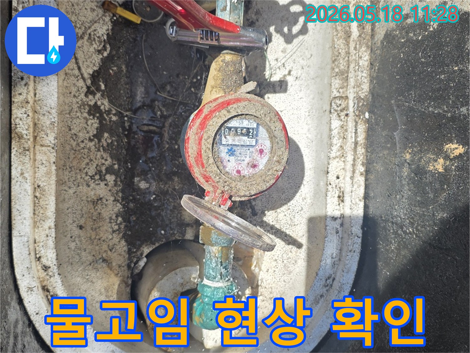 서울 중랑구 면목동에서 진행되는 누수 공사 현장에서-수도 계량기 주변의 물고임 현상을 확인하며 누수 지점을 파악하는 모습입니다.