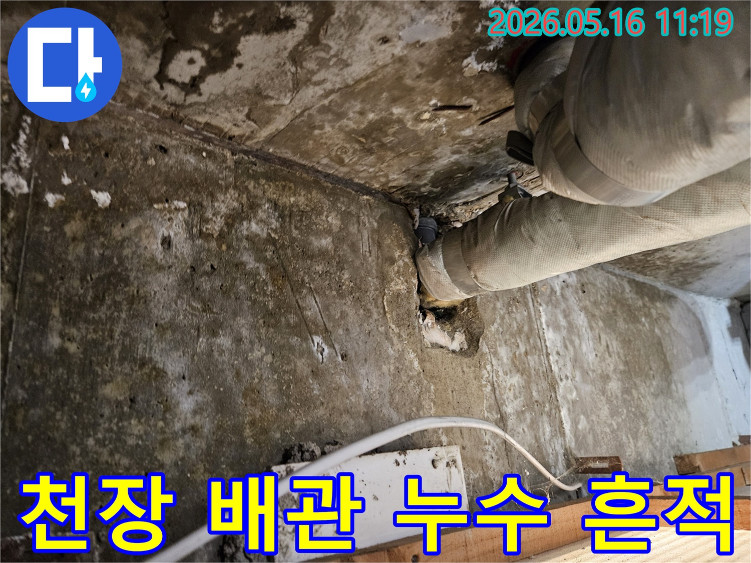 오래된-콘크리트-천장과-배관에서-발생한-누수로-인해-벽면이-젖어있는-모습을-보여주는-사진