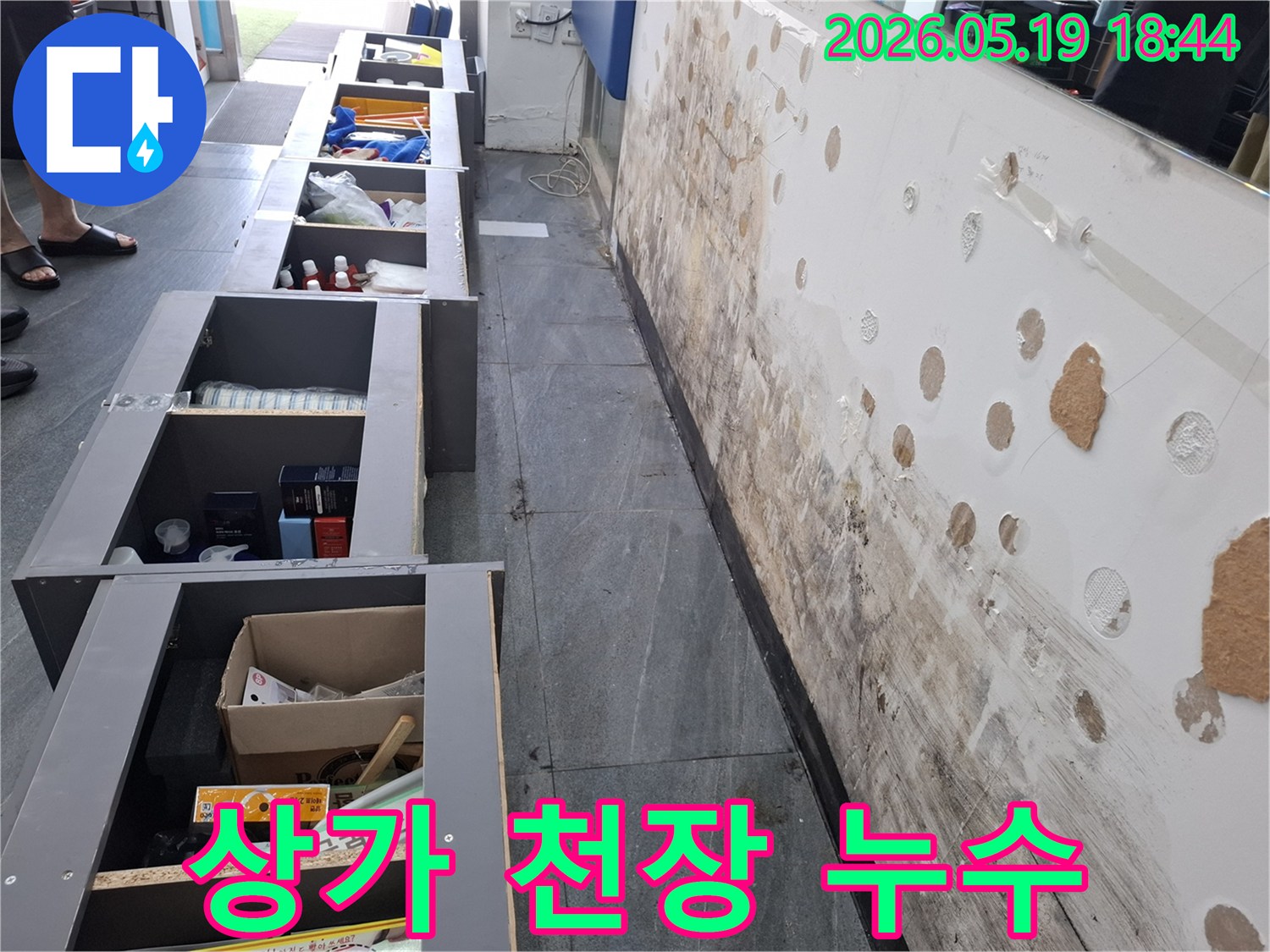 상가 천장 누수로 인해 벽면에-곰팡이가 심하게 번식한 현장 모습
