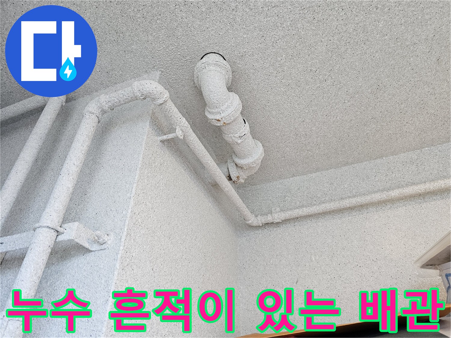 오염 물질이 묻어 있는 천장 오수관 연결 부위 사진