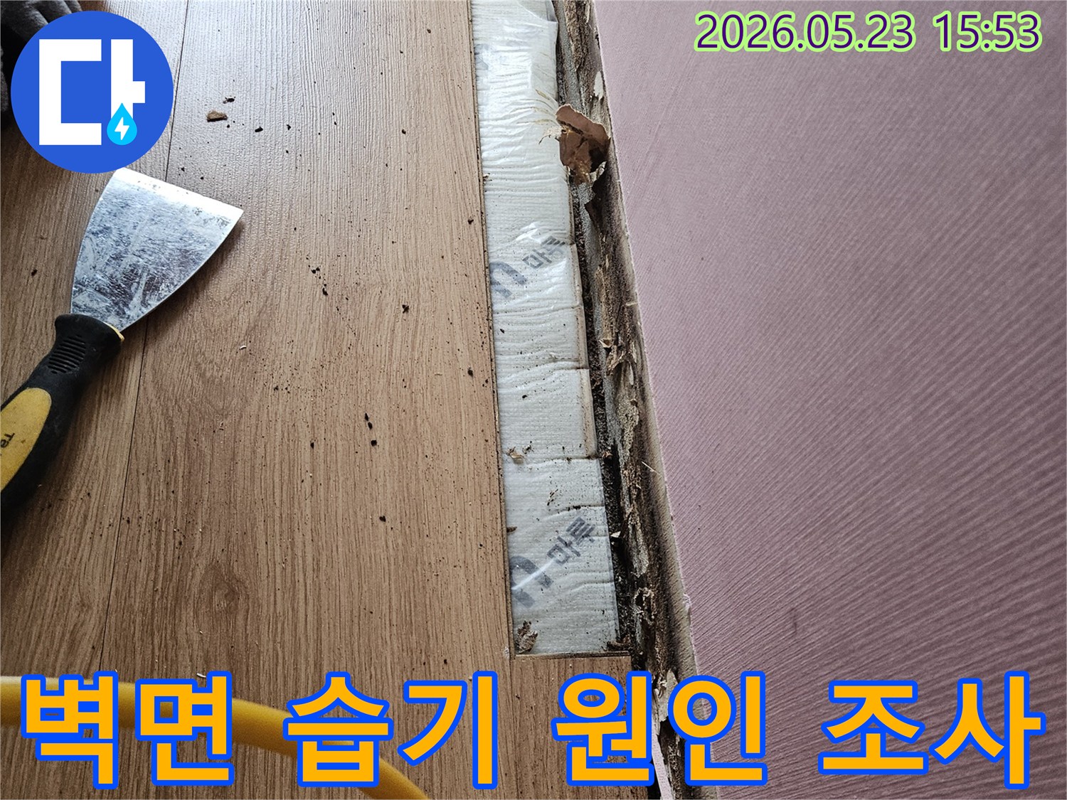 벽면 하단부의 습기 원인을 조사하기 위해- 마감재를 제거하고- 내부 단열재와 구조물의 상태를 면밀히 확인하는 작업 현장
