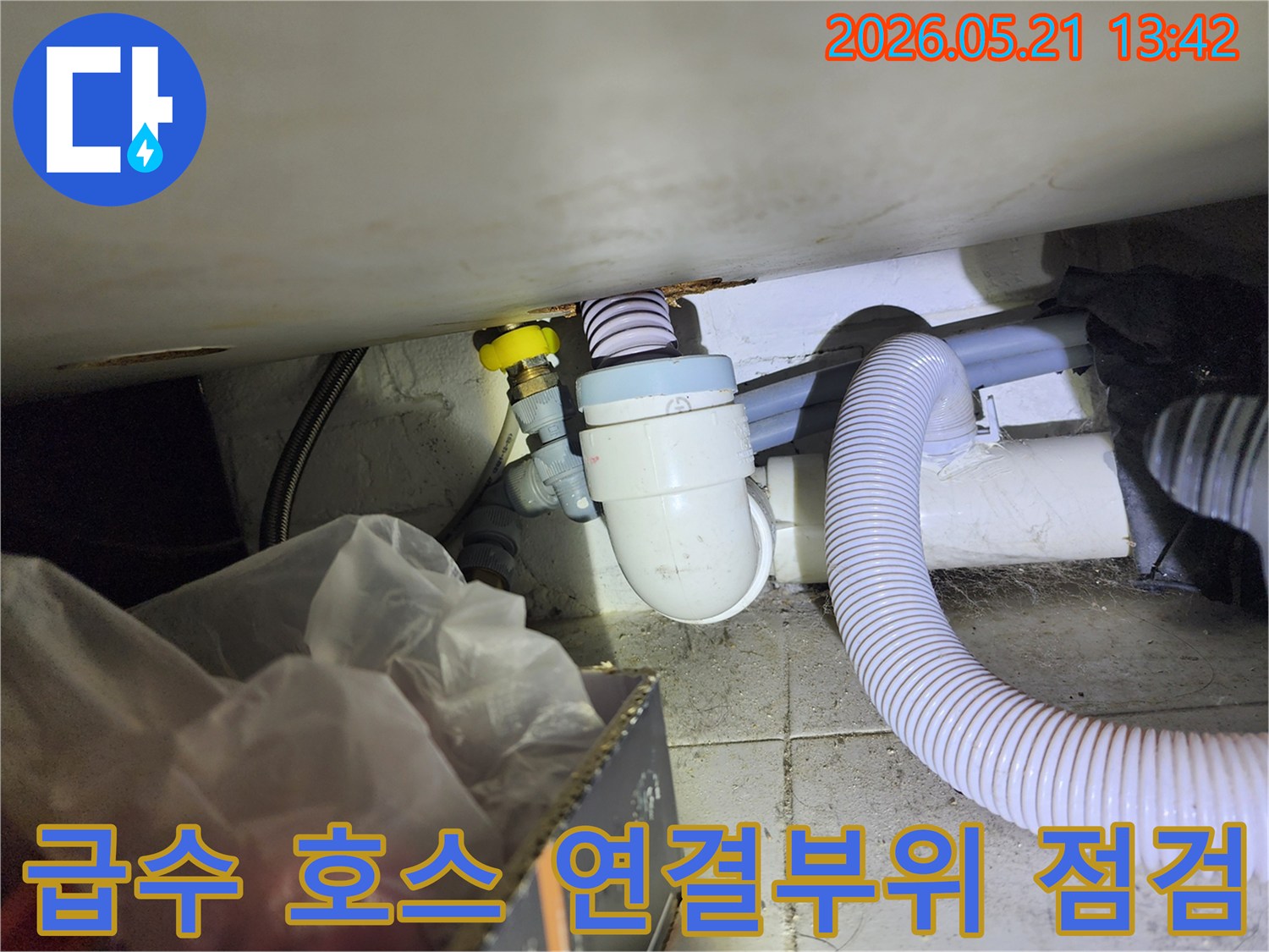 세탁실 급수 호스가 수도 밸브에 연결된 지점을-누수 여부를 확인하기 위해 정밀하게 점검하는 중입니다.