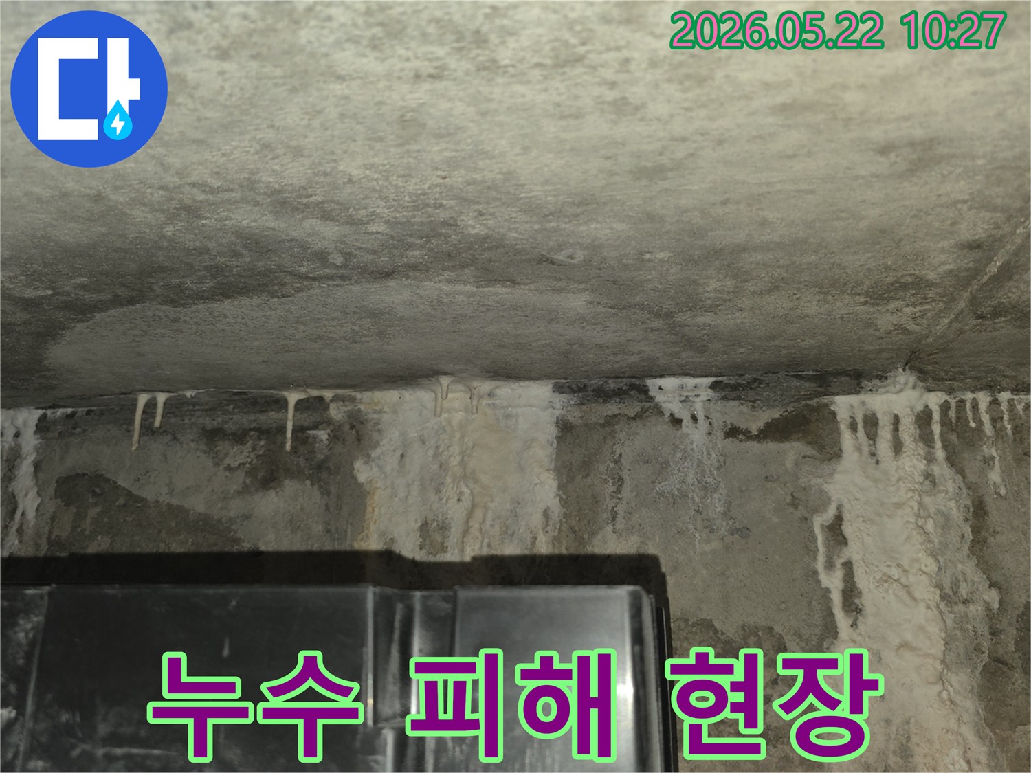 이 사진은-콘크리트-천장과-벽면-사이에서-발생한-누수로-인해-하얀-백화-현상이-뚜렷하게-관찰되는-모습으로-정밀한-누수-진단이-시급함을-보여줍니다
