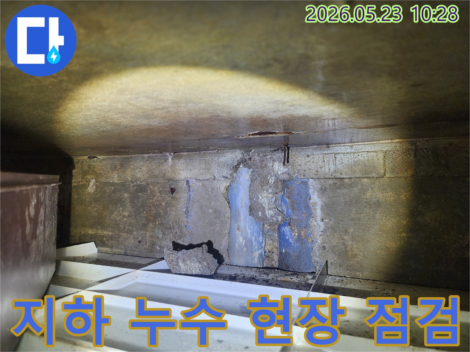 어두운-지하-공간에서-천장과-벽면의-심각한-누수-흔적을-조사하는-전문가의-모습