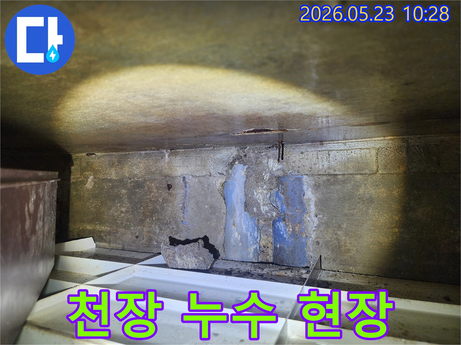 어두운-지하-공간의-천장-콘크리트-균열에서-물이-새는-누수-현장을-조사하는-모습