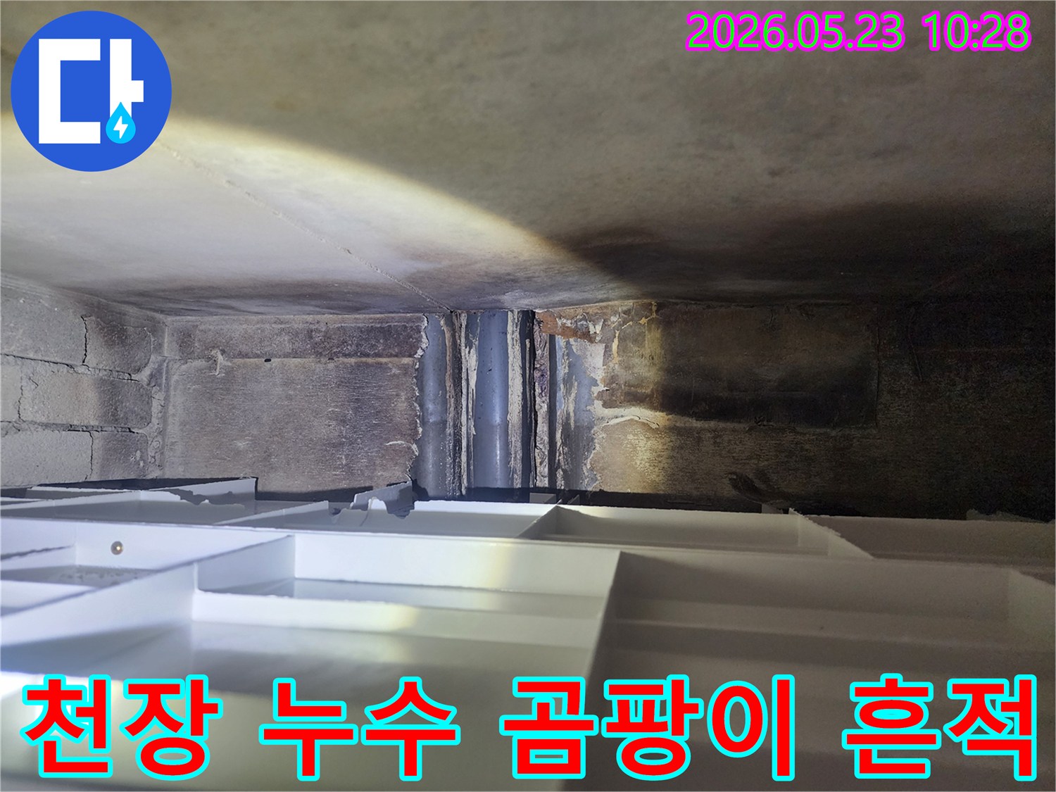이 이미지는-천장 내부의-배관 주변에서-발견된-누수와-그로 인한-곰팡이-발생-위험을-보여줍니다