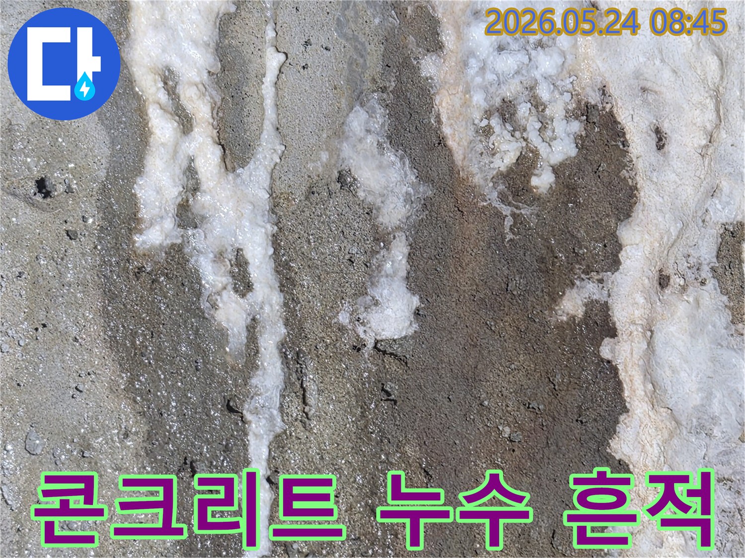 오래된 누수로 인해-콘크리트 벽면에-하얀 결정과-젖은 자국이 선명하게 보이는-손상된 벽면 사진