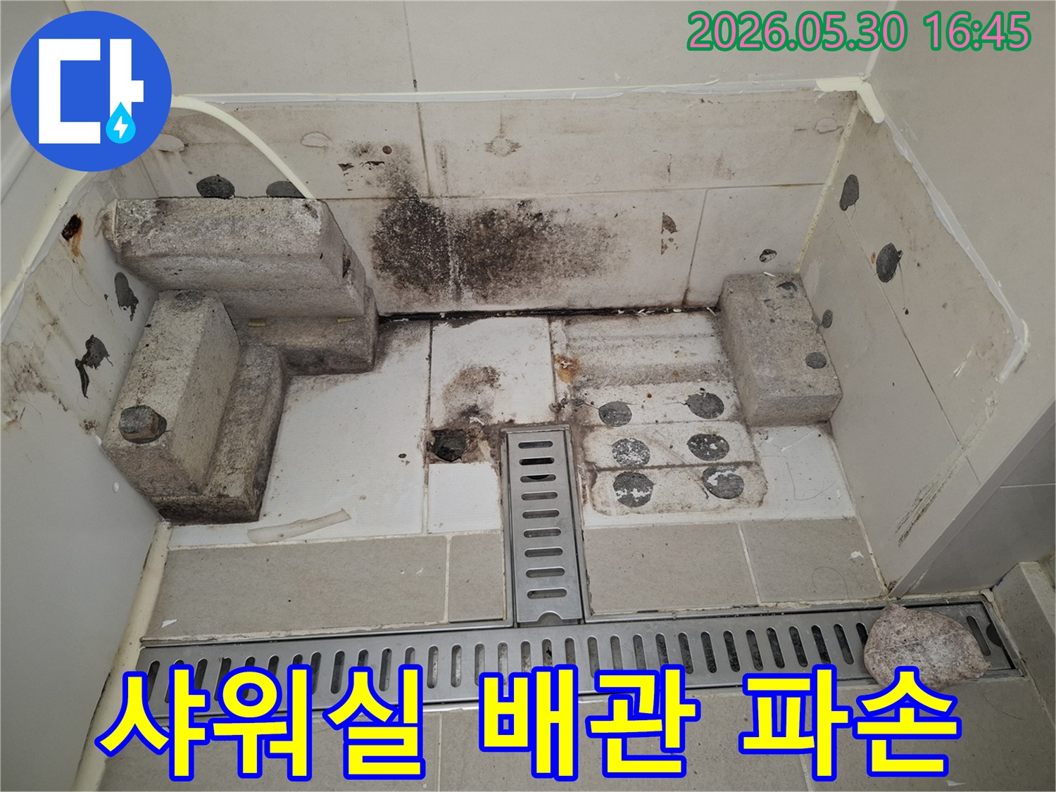 배관-문제로-인해-욕실-바닥에-물이-고여-곰팡이가-번진-모습과-누수-탐지-전-상태-사진