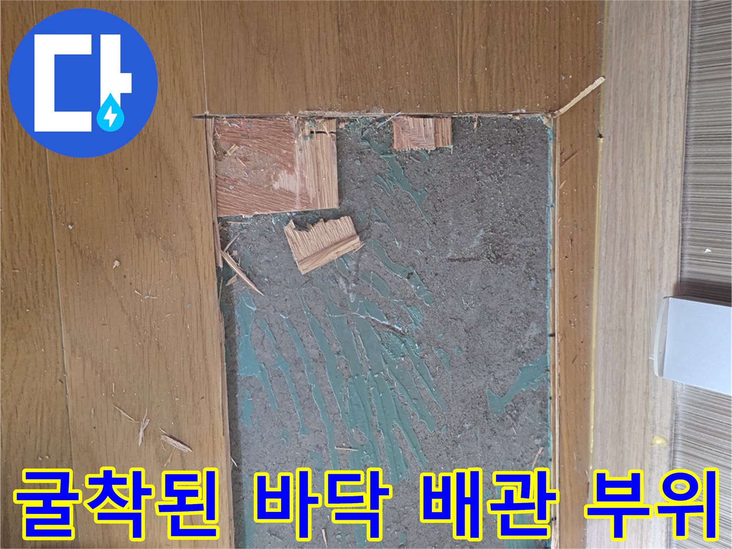 배관 누수 지점을 찾기 위해 강마루를 제거하고 흙과 콘크리트를 드러낸 현장 사진입니다.