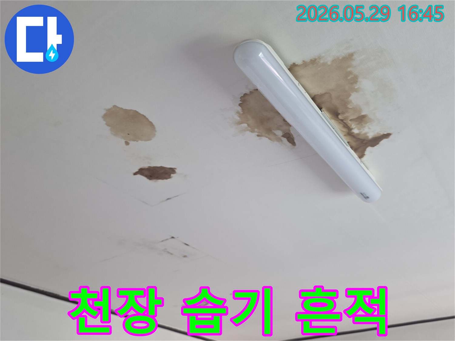 천장-도배지에-물이-스며들어-축축하게-젖은-누수-현장의-모습입니다