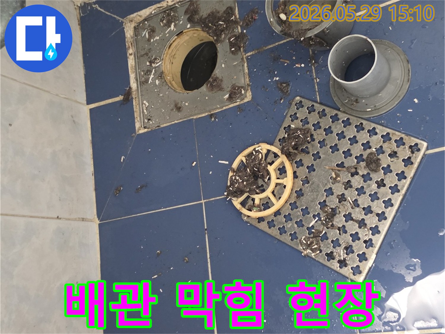 욕실 배수구에서-분리된-부품들과-그 주변에-쌓인-머리카락과-이물질이-가득한-모습을-보여주는-사진입니다
