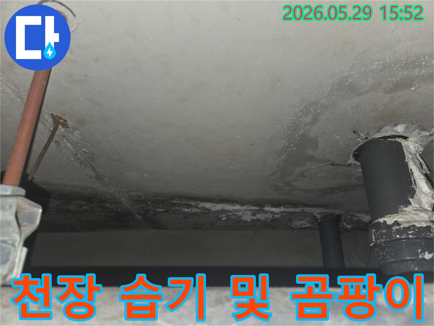 콘크리트 천장에 물이 새어 습기가 차고-어둡게 변색된 부분에서 곰팡이 발생이 우려되는 현장