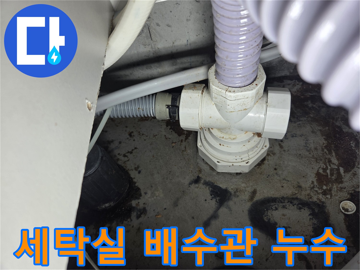 세탁실-배수관-연결부에서-발견된-물샘-현장을-보여주는-사진입니다.
