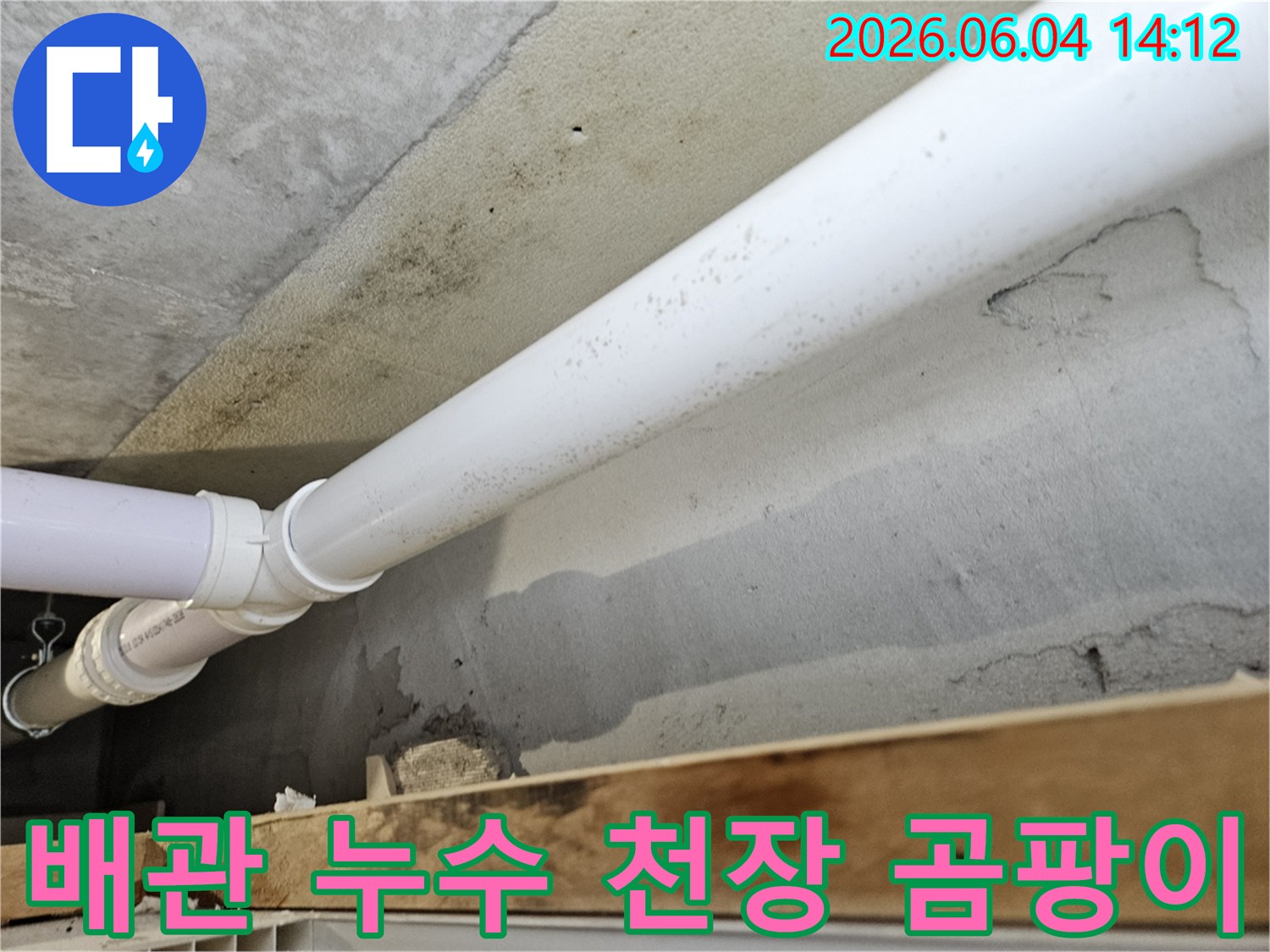 천장-콘크리트-배관-주변에서-발생한-누수로-인해-벽면에-광범위하게-퍼진-곰팡이와-물자국을-보여주는-사진