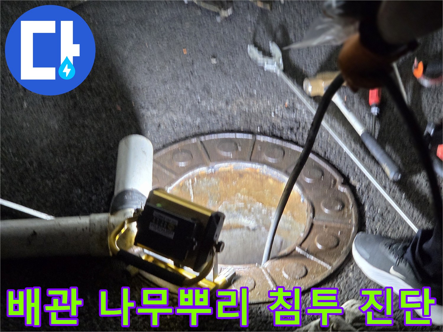 남양주시-호평동에서-전문가가-맨홀을-통해-지하-배관에-침투한-나무뿌리로-인한-누수-및-막힘-원인을-진단하는-모습