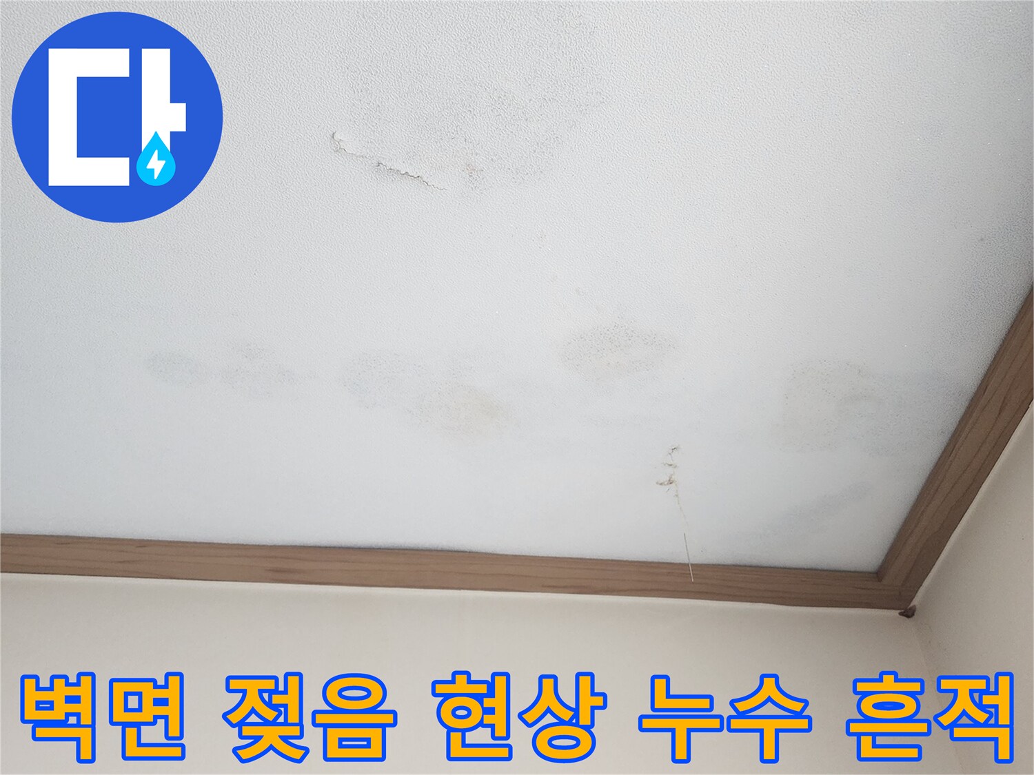 아랫집 벽면에 나타난 누수 흔적-벽지가 젖고 변색된 모습으로-정밀한 누수 원인 파악이 시급함을 보여줍니다.