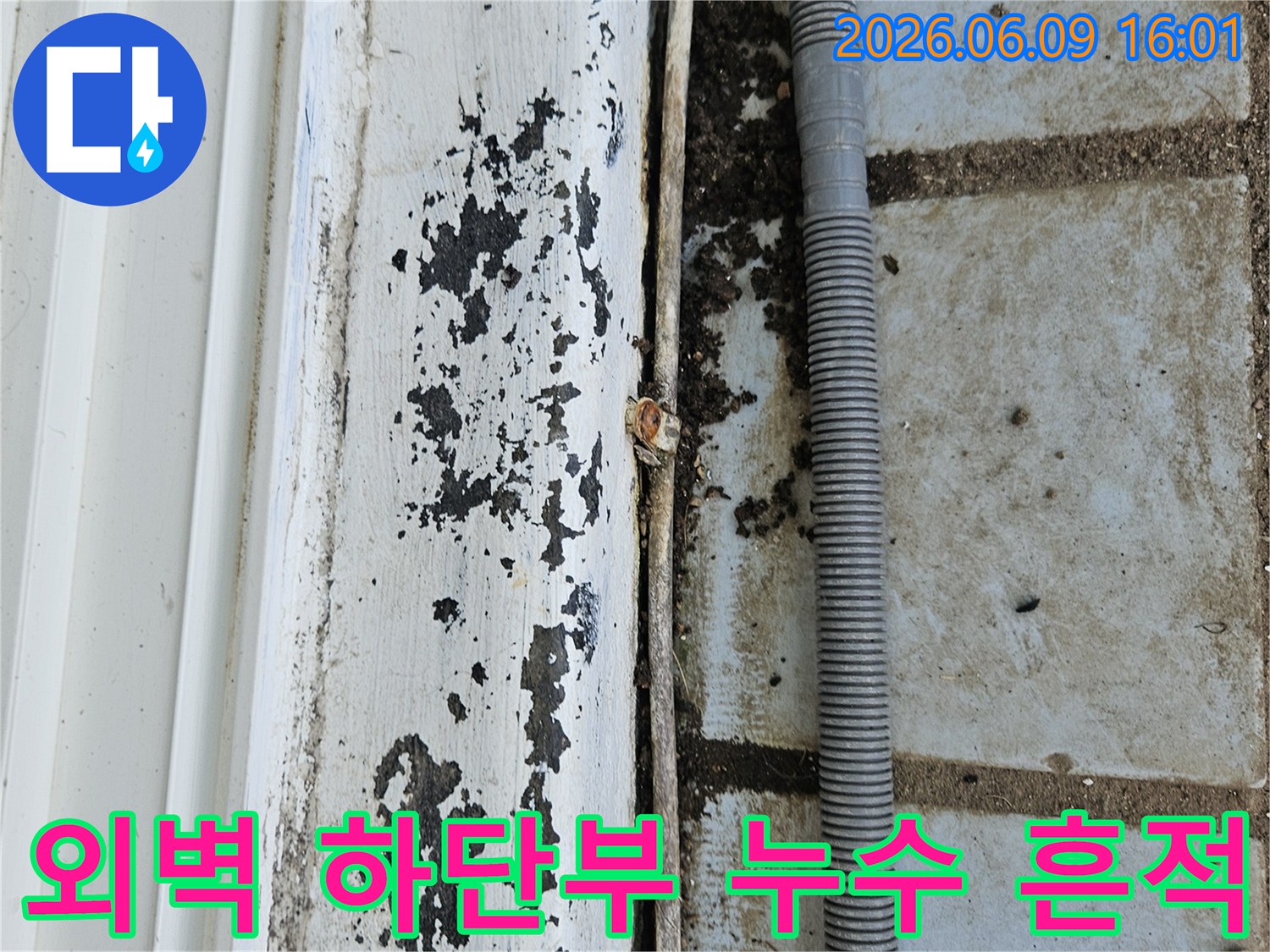 의정부 호원동 한신아파트 외벽-하단부에서 발견된-누수 흔적과-오염된 표면을-보여주는 현장 사진