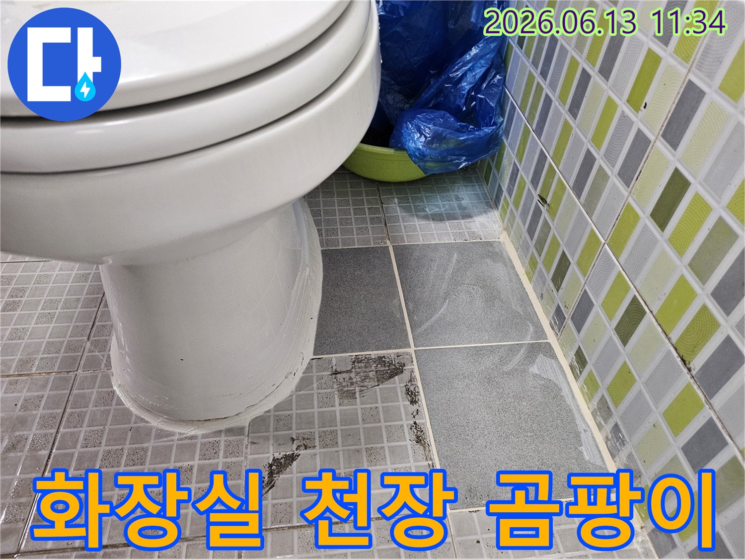 빌라 화장실 천장 타일에 물이 새어-곰팡이가 심하게 번진-누수 현장 사진