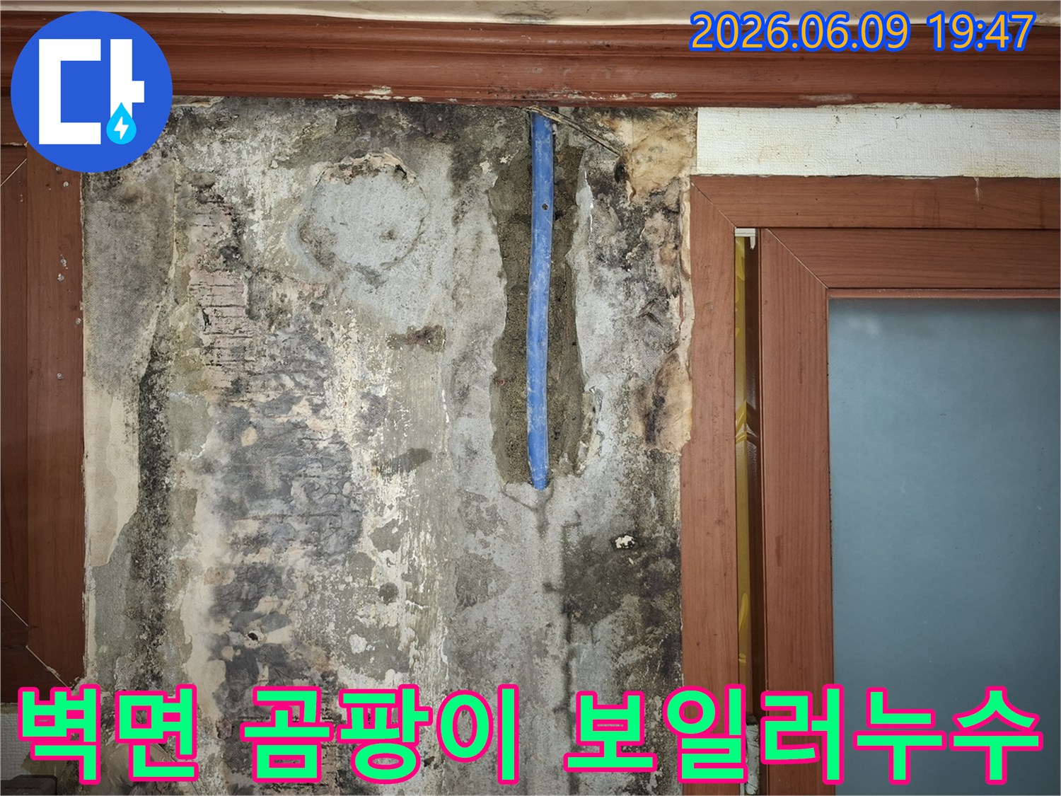 보일러-누수로-인해-벽면이-심하게-손상되고-곰팡이가-발생한-현장을-점검하는-사진