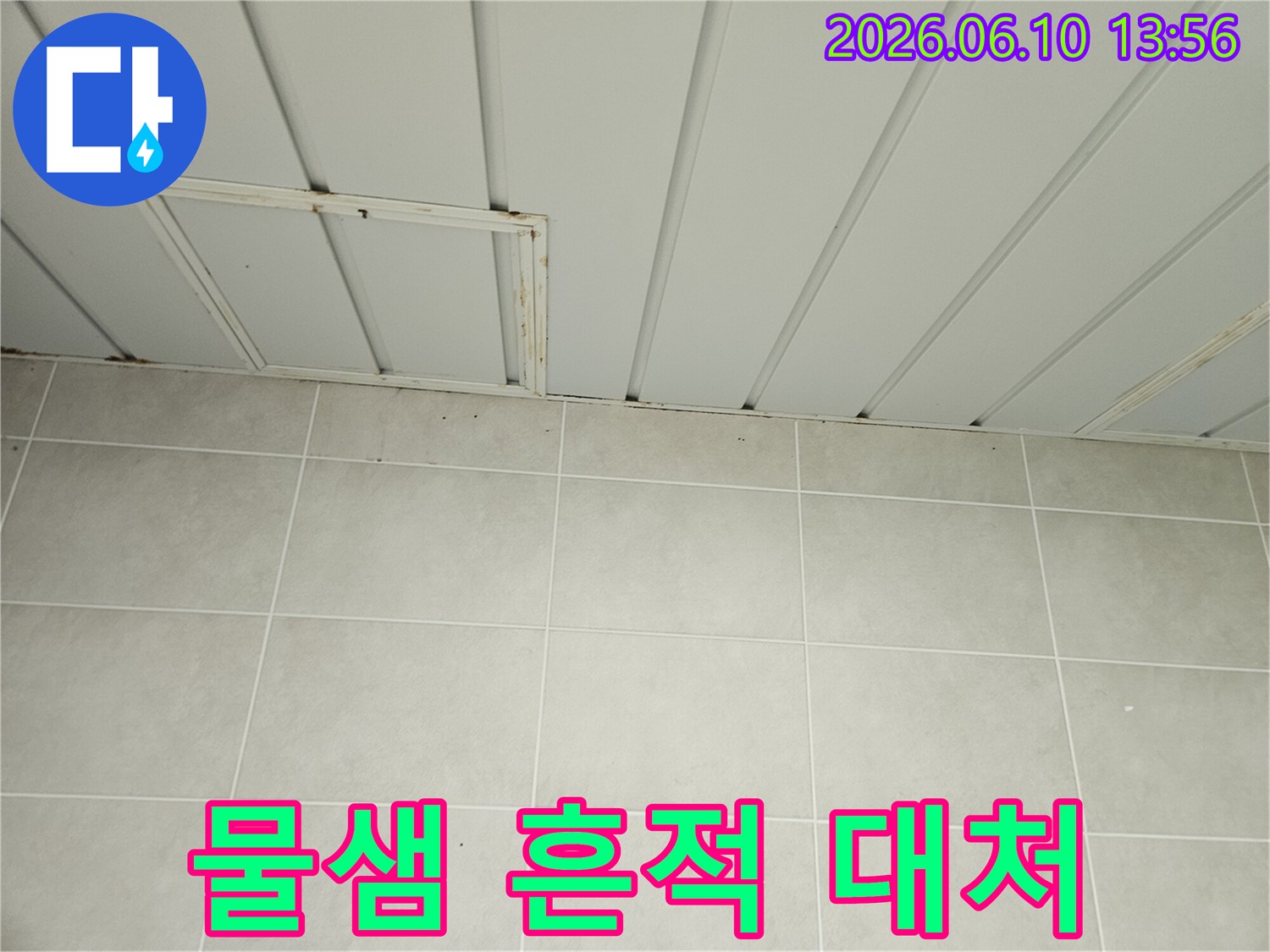 가평 맹호아파트 천장 점검구 주변에 누수로 인한 물샘 흔적과 곰팡이가 보이는 이미지입니다-물샘 발견 시 신속한 대처가 필요합니다