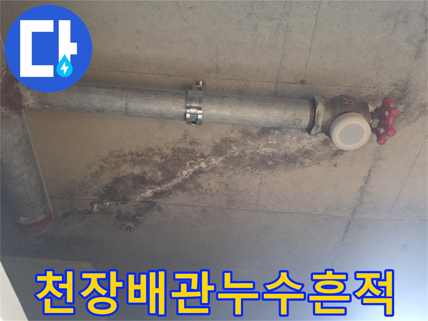 습기를 머금어 검게 변한 배관 주변 콘크리트 면