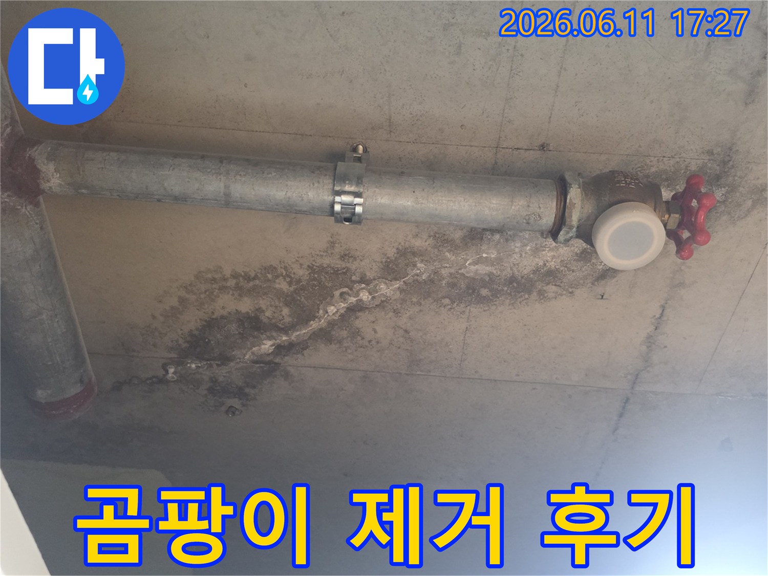 천장 배관 아래로-누수로 인한 물 자국과-검은 곰팡이가 심하게 번진-곰팡이 제거 전의 누수 현장입니다