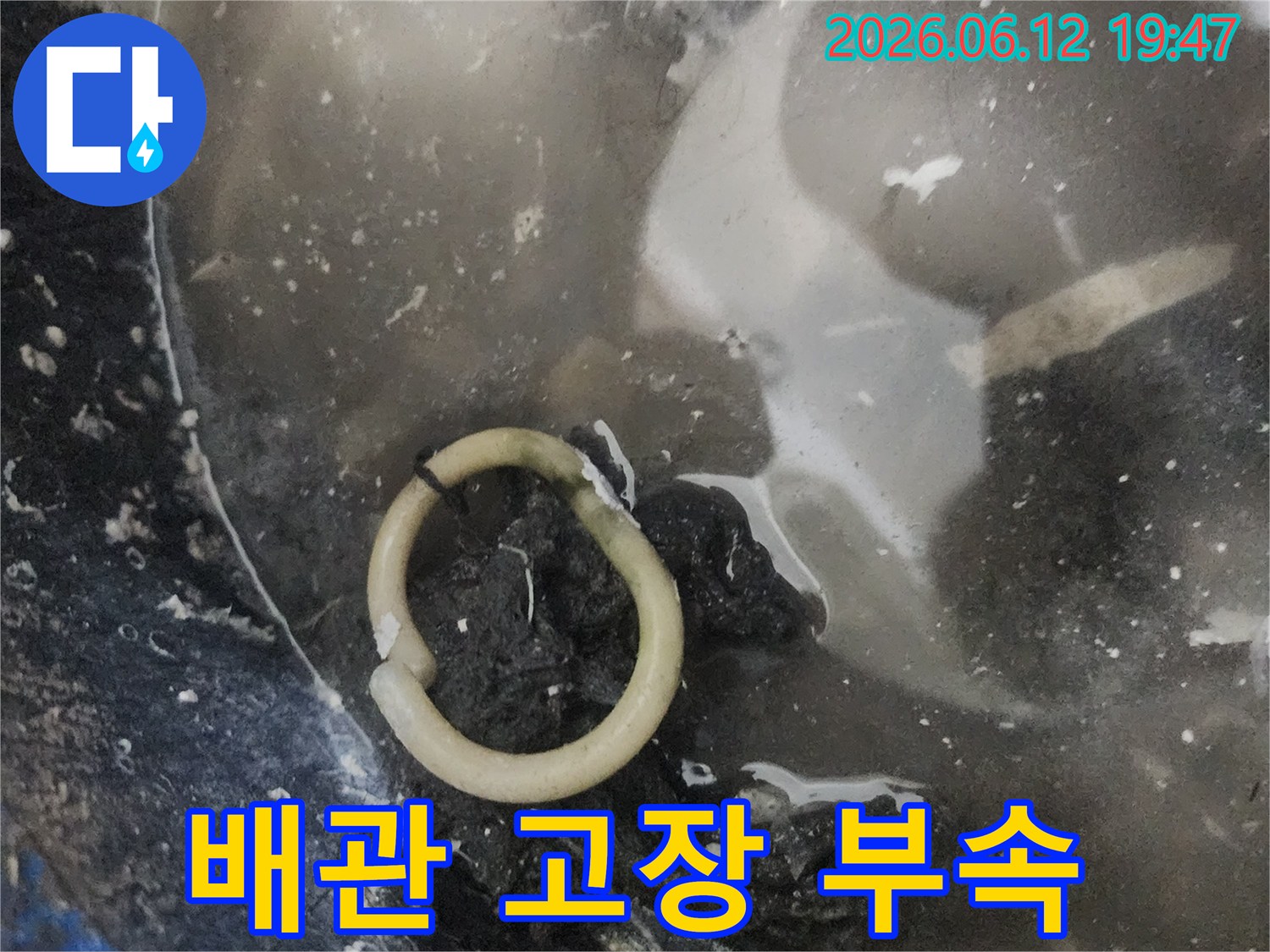 누수 공사 중 발견된-손상된 배관 부속-물에 잠겨있는 모습