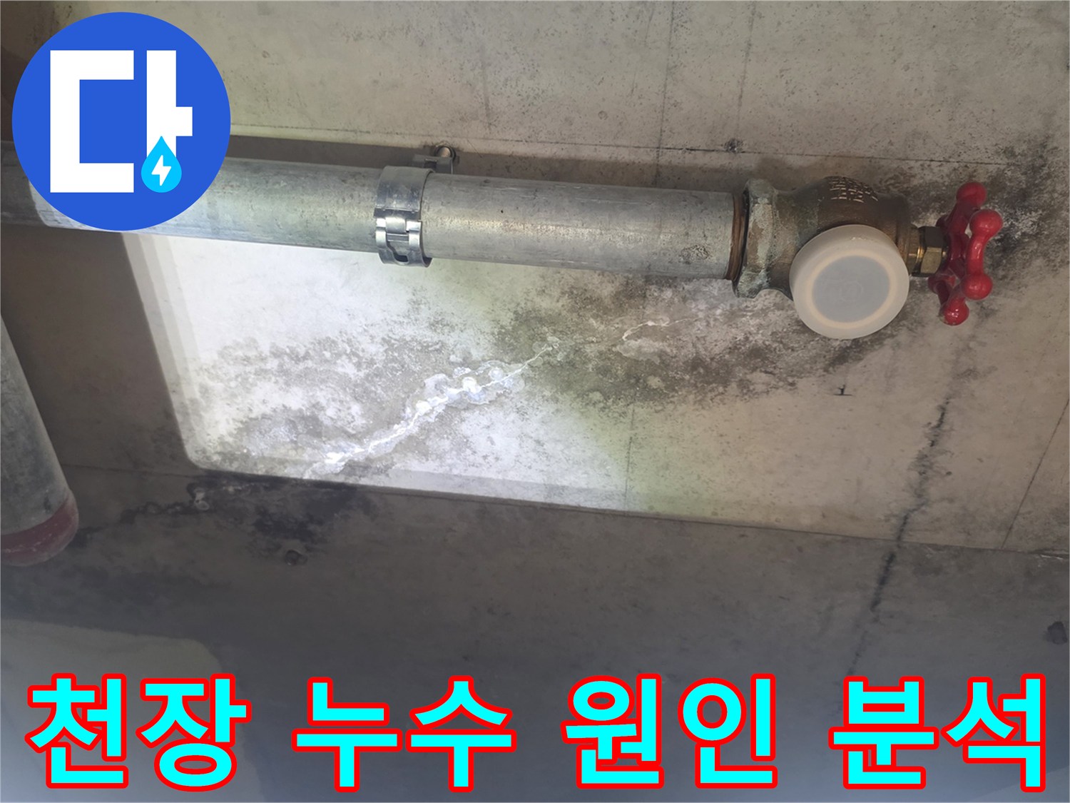 이 이미지는 천장 배관 주변에서 발생한 누수로-인해 콘크리트에 생긴 하얀 물 자국과-검은 곰팡이 얼룩을 자세히 보여줍니다