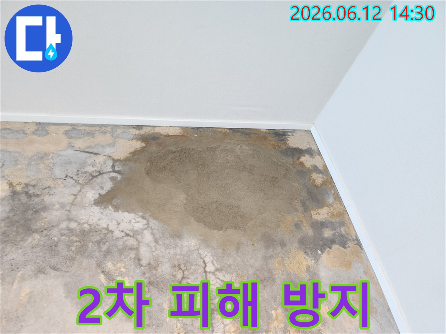 누수-엔지니어가-파주-운정-아파트-현장에서-누수-탐지-후-바닥의-젖은-부분을-보며-2차-피해를-방지하기-위한-조치를-고려하는-모습