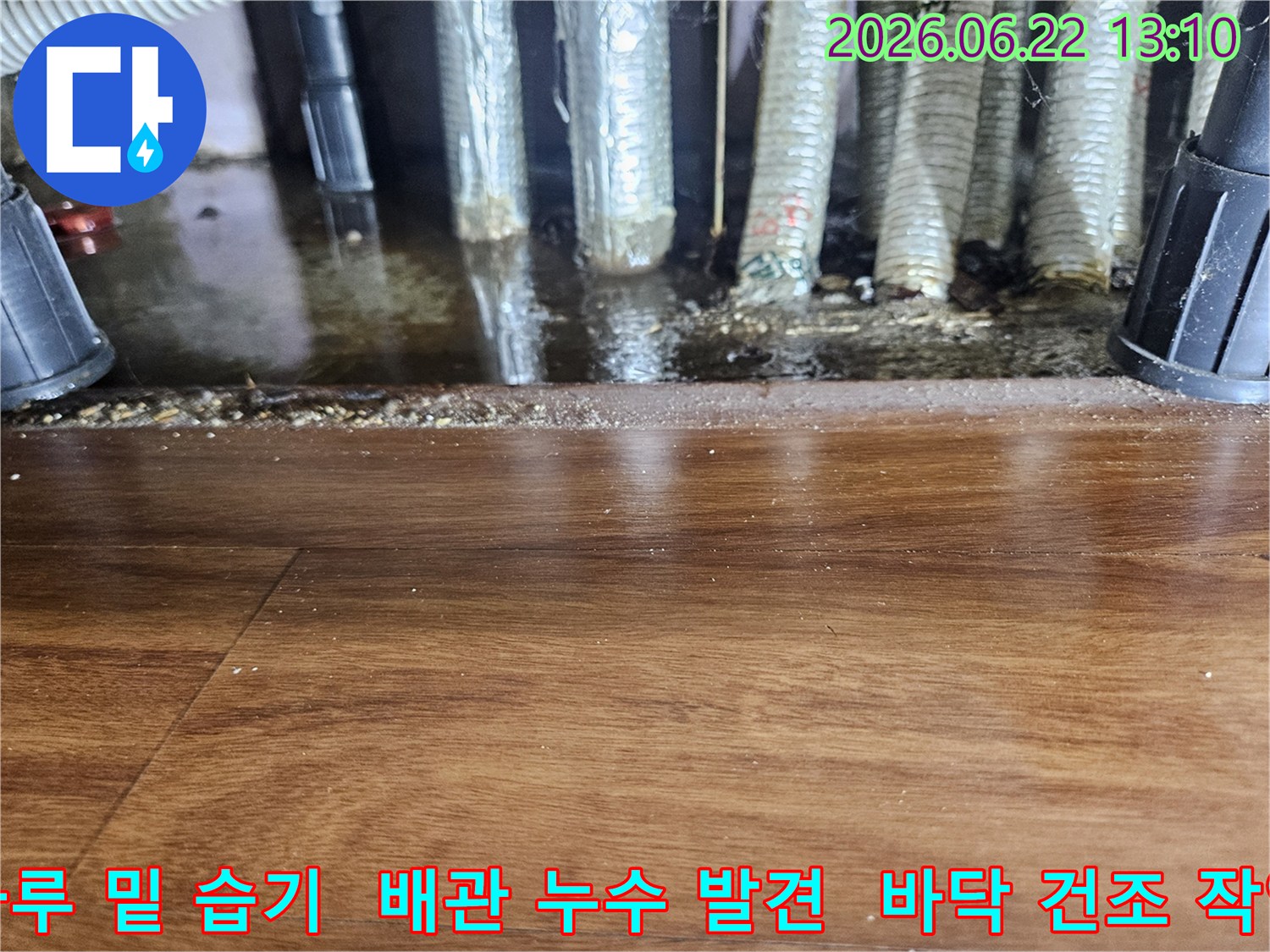 마루 하부에서-발견된-배관-주변의-습기와-물고임-현장을-보여주는-누수-사진