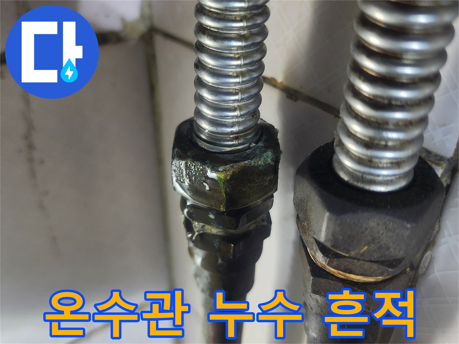 이 이미지는 노후된 온수배관의 연결 부위에서-녹색 침전물과 함께 물이 새어 나오는-명확한 누수 상황을 보여줍니다.