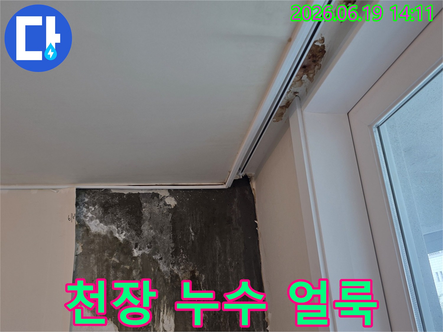 천장-누수로-인해-벽면에-선명한-얼룩과-함께-곰팡이가-번져-있는-아파트-내부-피해-현장-사진