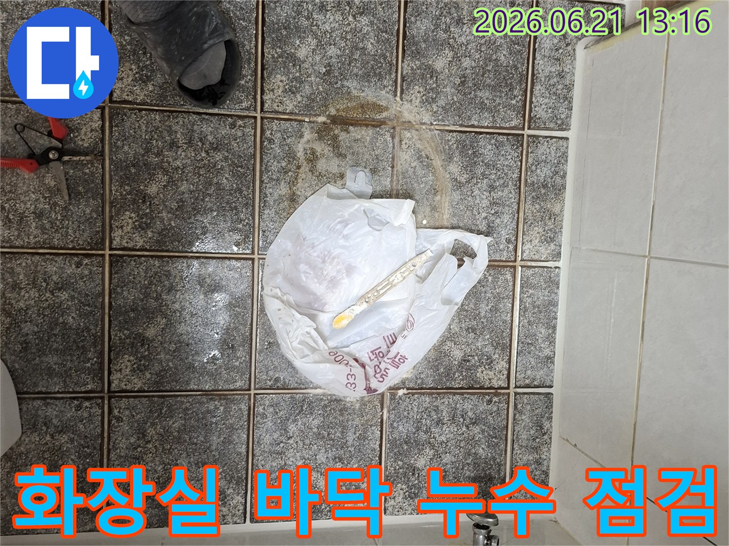 군포-금정동-아파트-화장실-바닥-타일-위에-물이-고여있거나-젖어있는-모습을-보여주는-누수-현장-사진