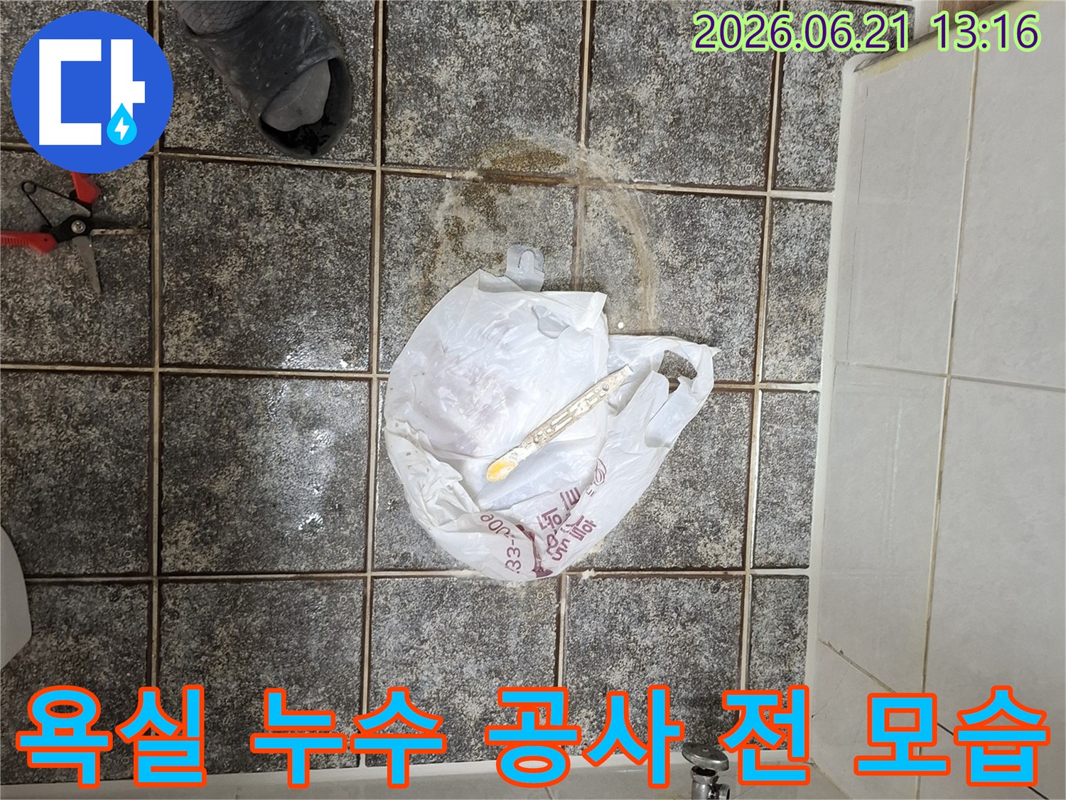 군포-금정동-주공아파트-욕실-바닥-타일-사이에-물이-고여있거나-젖어있는-상태를-보여주는-누수-현장-사진