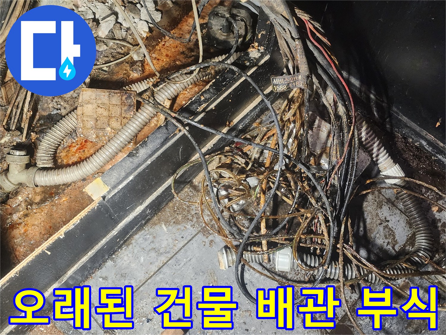 누수-엔지니어가-오래된-건물의-배관-부식-현장에서-물에-젖고-복잡하게-얽힌-배관과-전선들을-정밀하게-조사하고-있습니다