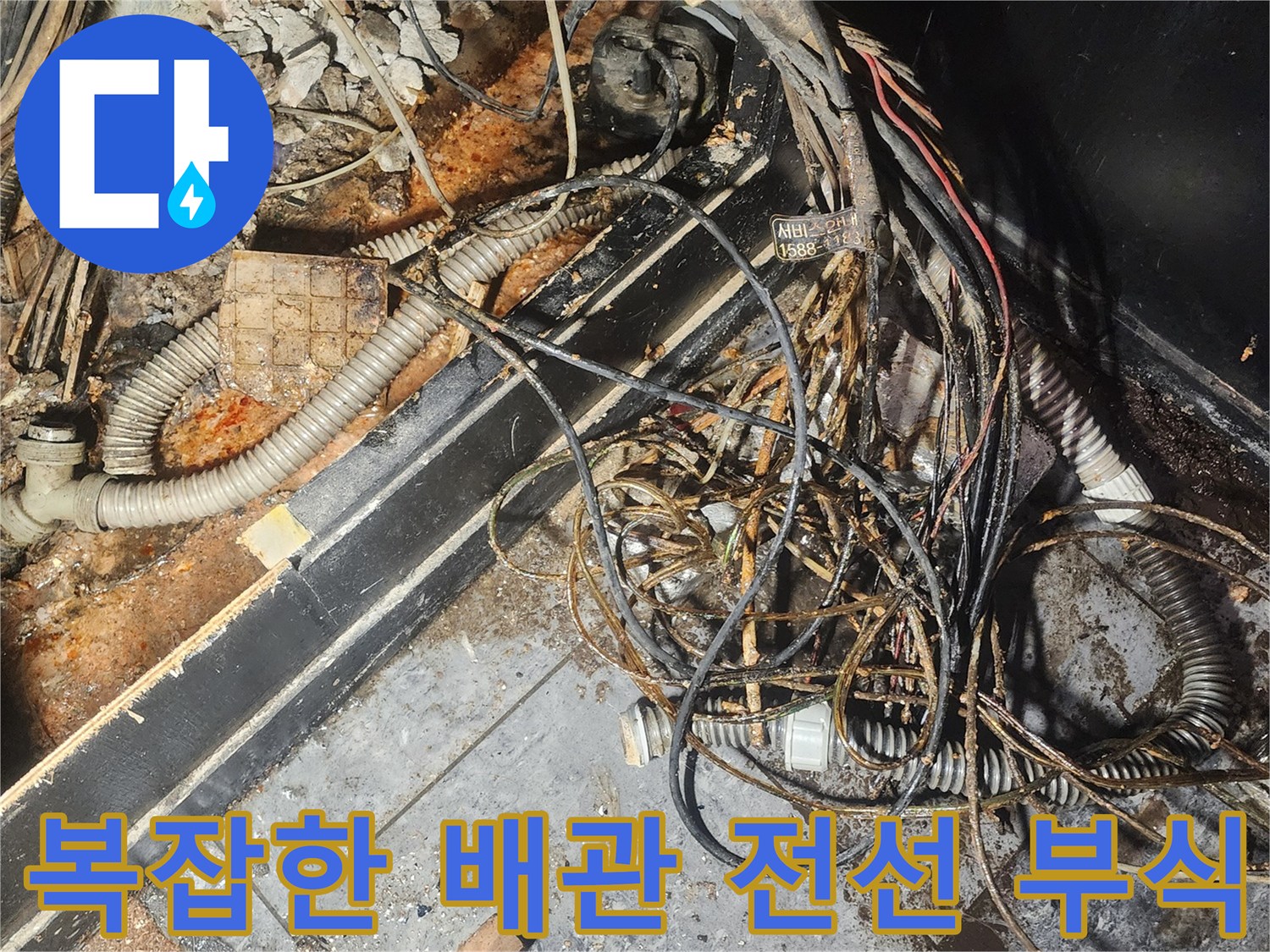 누수-현장에서-발견된-오래된-배관과-전선들-부식-상태-확인
