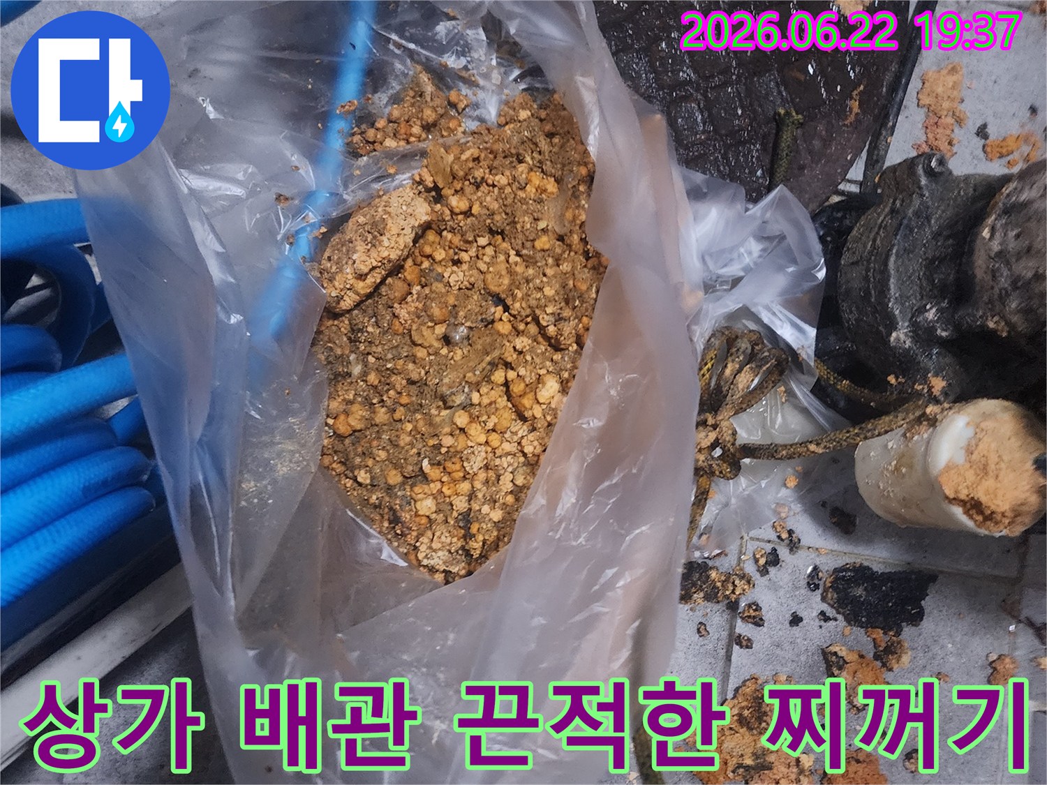 상가 배관에서 제거된-끈적한 찌꺼기와-이물질이 담긴 봉투 사진