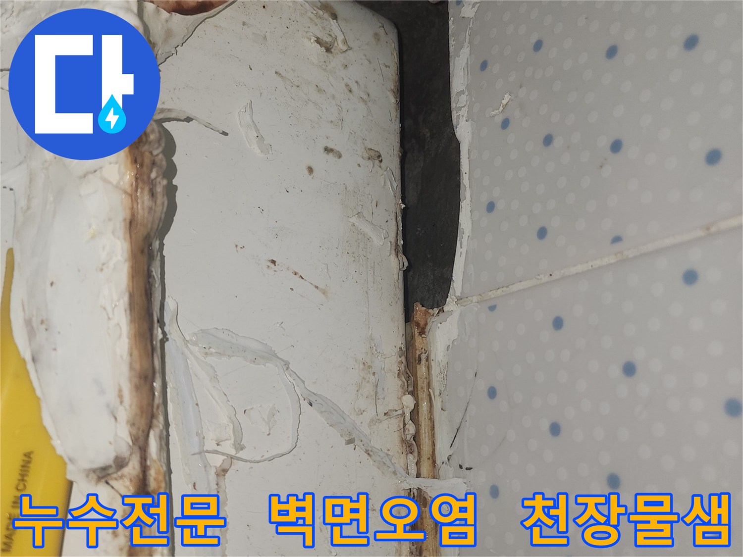누수로-인해-오염된-천장-모서리-부분의-벽면을-전문적으로-탐지하고-해결해야-하는-현장