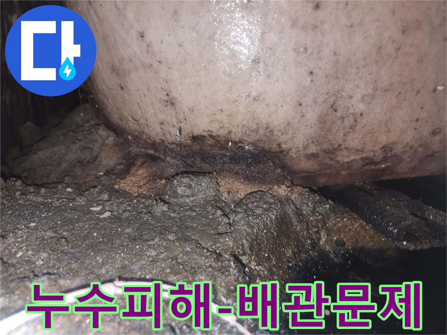 배관 주변의 콘크리트가 물에 젖어 부스러지고 곰팡이가 발생한 누수 현장